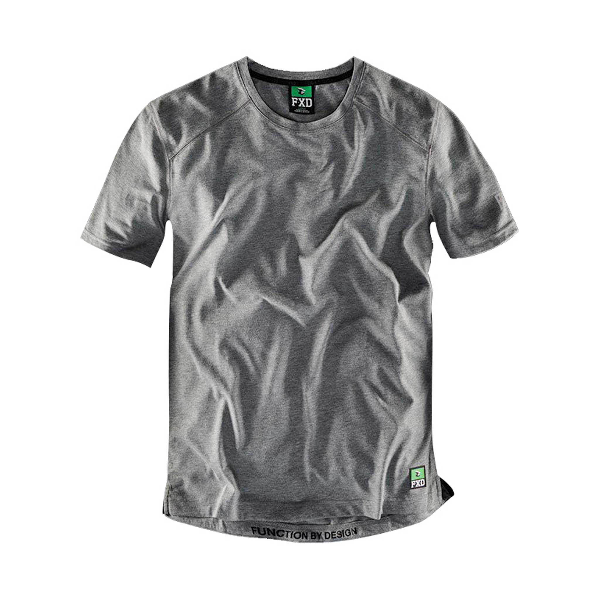 A gray FXD WT-3 Technical Work Tee with short sleeves, crew neckline, and reflective sleeve print.